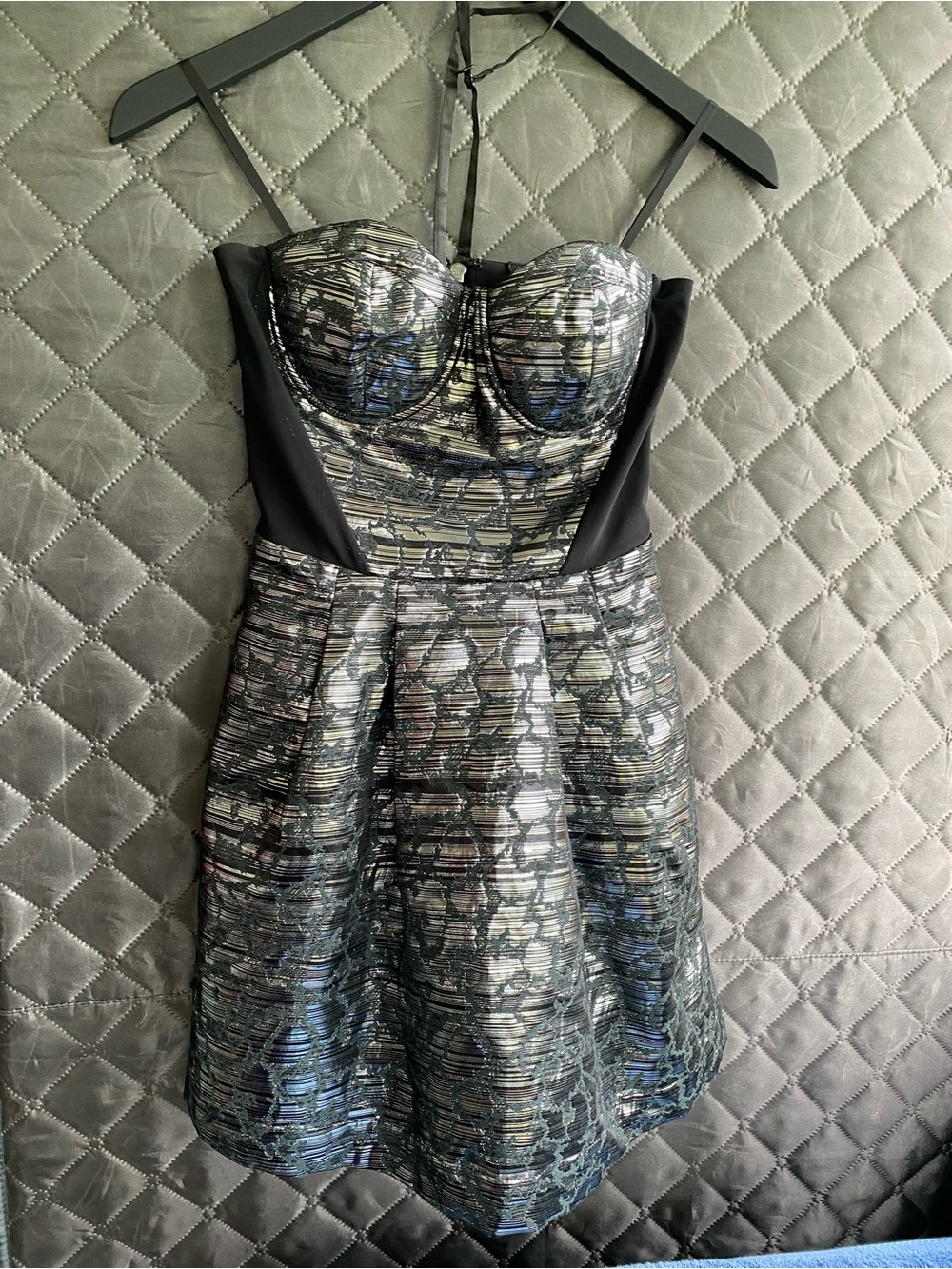 BEBE "Ghost in the Tower" Metallic Jacquard Bustier Cocktail Dress